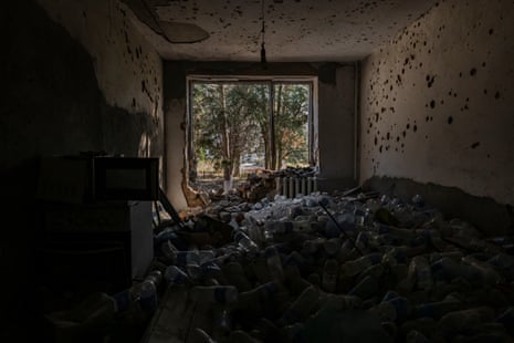 A room with empty bottles at a Ukrainian position close to the frontline.