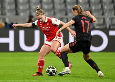 Kim Little in action with Bayern Munich's Klara Buhl.