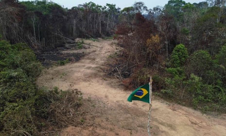 a Brazilian flag seen in a deforested and burnt area on the edge of the BR-230 highway in Manicoré, Amazonas state, Brazil