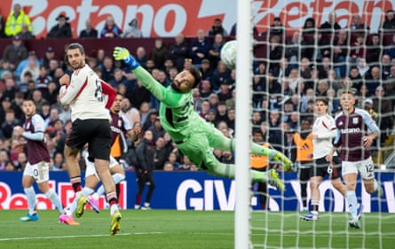 Morgan Rogers (third left) curls the ball past Giorgi Mamardashvili to give Villa the lead.