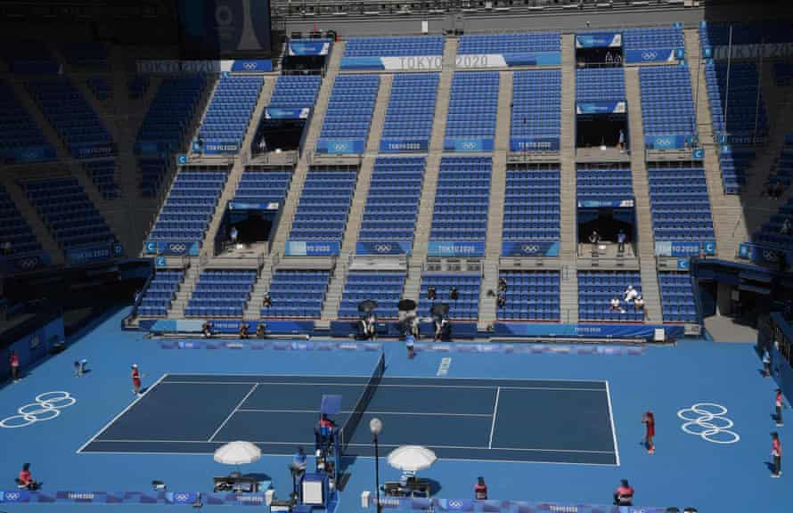 A general view shows empty stands during the match between Zheng Saisai and Naomi Osaka.