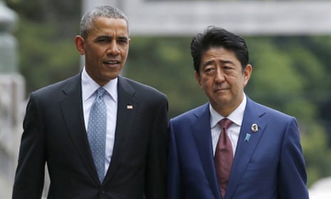 US President Barack Obama and Japan’s Prime Minister Shinzo Abe on the Ujibashi bridge ahead of the first session of the G7 summit