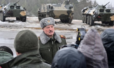 The Belarusian president, Alexander Lukashenko, visits the site of joint military exercises with Russia in the Mogilev region