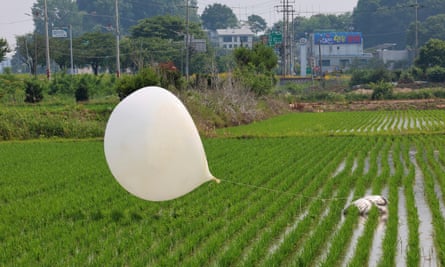 A balloon presumably sent by North Korea is seen in a paddy field in Incheon, South Korea