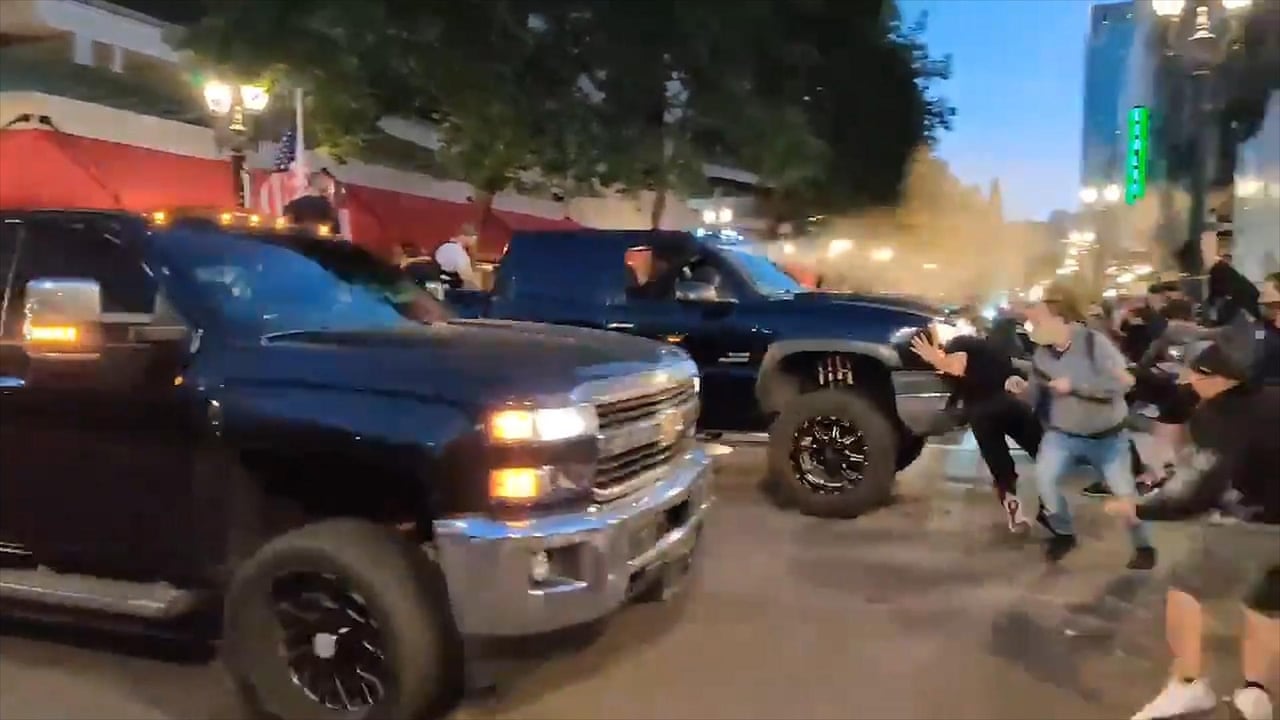 Trump Supporters Drive Through Crowd And Pepper Spray Protesters In Portland Video Us News The Guardian