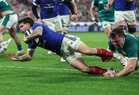 France’s Matthieu Jalibert scores his side’s second try despite the efforts of Ireland’s Cian Prendergast