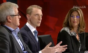 Don Watson and Naomi Klein listen to a response from Liberal senator James Patterson on Q&A on Monday.