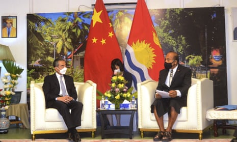 Kiribati’s president, Taneti Maamau, right, meets with Chinese foreign minister Wang Yi in May