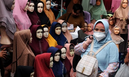 Shopping at Tanah Abang market, Jakarta, on world hijab day in Indonesia, 2022.