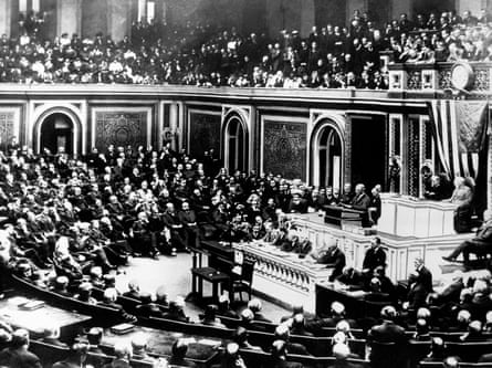 President Wilson delivers a speech to Congress on 2 April 1917, days before it passed a resolution declaring war on Germany. His assertion that ‘the world must be made safe for democracy’ has since provided the philosophical underpinning for interventionism.