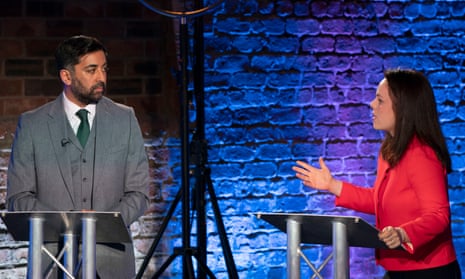 SNP leadership candidates Humza Yousaf, left, and Kate Forbes taking part in a Channel 4 debate. The former community safety minister Ash Regan is the third candidate.