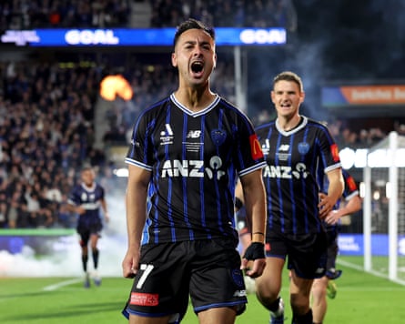 Cameron Howieson celebrates scoring for Auckland FC against Sydney FC during the A-League Men grand final