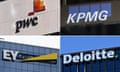 A composite image of office signage for consulting firms PwC, Ernst & Young, Deloitte and KPMG