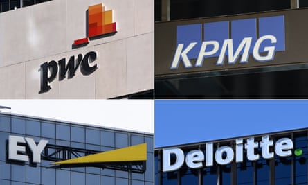 A montage of the logos of PricewaterhouseCoopers, KPMG, EY and Deloitte
