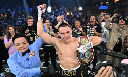 Tim Tszyu celebrates his stunning first-round defeat of Carlos Ocampo in their WBO super-welterweight world title bout at Gold Coast Convention & Exhibition Centre.