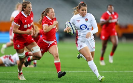 Jess Breach breaks away to score England’s sixth try against Canada