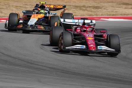 Lando Norris tries to find a way past Charles Leclerc in Austin