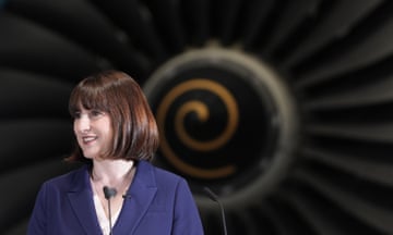 Rachel Reeves standing in front of a large plane engine fan