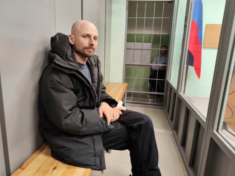 Russian journalist Sergey Karelin appears in court in the Murmansk region of Russia, on 27 April 2024, after his arrest on ‘extremism’ charges, which he denied.