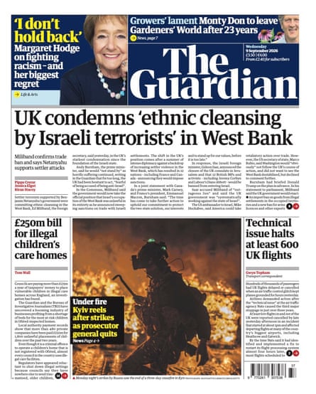 Front page of the Guardian 9 September