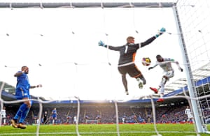 Kasper Schmeichel of Leicester City saves from Christian Benteke as Crystal Palace win 3-0 at the King Power Stadium. Since making his Premier League debut in September 2012, Benteke has scored 24 headed goals – only Arsenal striker Olivier Giroud (27) has netted more in the competition in this period.