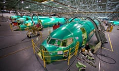 Apple green Boeing Co 737 fuselage sections sit on the assembly floor at Spirit AeroSystems in Wichita, Kansas, US