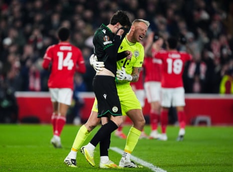 Bence Otvos is consoled by David Grof after scoring an own goal to gift Nottingham Forest the lead.