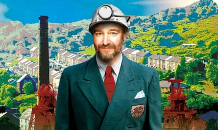 Jeffrey Lloyd-Robertx in a suit and hard hat in front of an image of the Welsh valleys