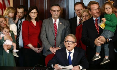 Governor Mike DeWine speaks signs a bill imposing one of the nation’s toughest abortion restrictions, on 11 April 2019 in Columbus, Ohio.