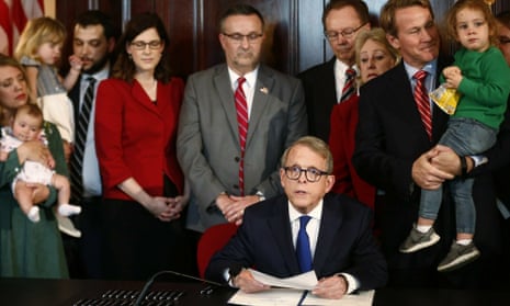 Ohio abortion law: the Ohio governor, Mike DeWine, signs the ‘heartbeat bill’, one of the nation’s toughest abortion bans, on 11 April 2019. 