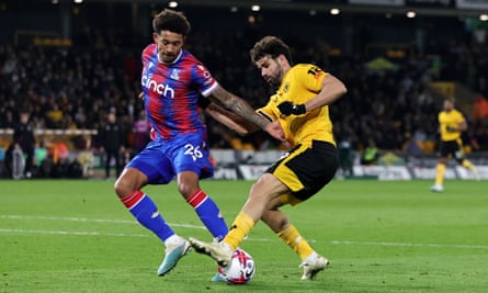Chris Richards shows Diego Costa he is no pushover in Palace’s defence.