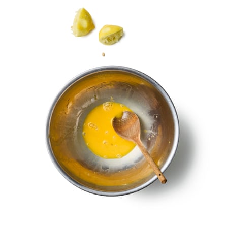 Felicity Cloake’s Avgolemono: Separate the eggs, and put the yolks in a large heatproof bowl and the whites in a bowl big enough to hold them once beaten.Zest one of the lemons directly into the hot soup, then juice it and beat this into the egg yolks.