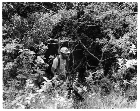 A man in baseball cap moves through trees and bushes with a dog