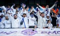 Real Madrid fans await the start of the Champions League quarter-final second leg match between Manchester City and Real Madrid.