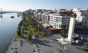 Aerial view of Eurovea gallery with it’s waterfront on Danube. In the view also M.R.Stefanik square, SNP bridge and Bratislava castle.