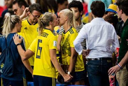 Magdalena Eriksson of Sweden and her girlfriend Pernille Harder of Denmark kiss after Sweden’s win during the FIFA Women’s World Cup round of 16 match between Sweden and Canada on June 24, 2019 in Paris, France