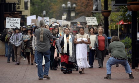 Standing Rock Sioux supporters with the Standing Rock Sioux during a rally on 13 September in Boulder, Colorado.