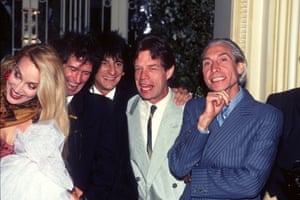 Jerry Hall, Keith Richards, Ronnie Wood, Mick Jagger and Charlie Watts attend the wedding reception of Bill Wyman and Mandy Smith at the Grosvenor House Hotel