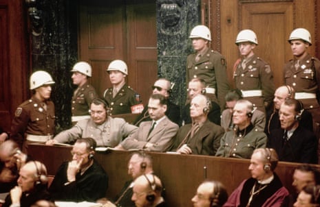 The defendants at the Nuremberg trials. In the front row are Hermann Goering, Rudolf Hess, Joachim Von Ribbentrop, Wilhelm Keitel and Ernst Kaltenbrunner