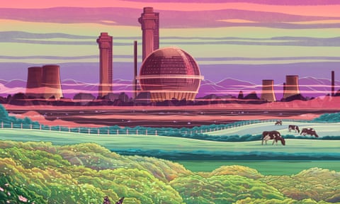 illustration: sellafield nuclear site glowing an eerie purple in the distance beyond a lush green natural field