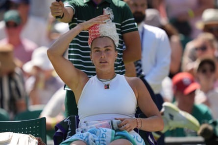 Aryna Sabalenka of Belarus uses an ice pack to cool during her match against Carson Branstine of Canada on Monday.