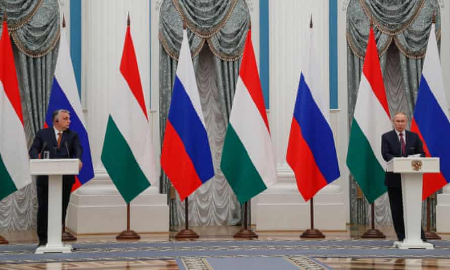 Russian President Vladimir Putin (R) and Hungarian Prime Minister Viktor Orban give a press conference during their meeting at the Kremlin in the Moscow on February 1, 2022.