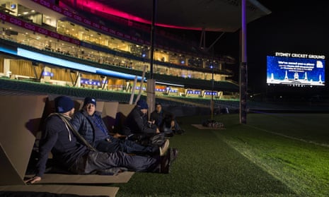 Setting up at the CEO Sleepout held at the Sydney Cricket Ground on Thursday. 