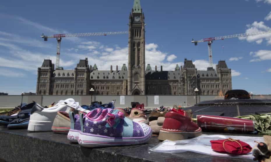 Children’s shoes were placed on parliament hill in Ottawa, Ontario, after the discovery of more than 200 children’s bodies at Kamloops Indian residential school, once Canada’s largest such school.