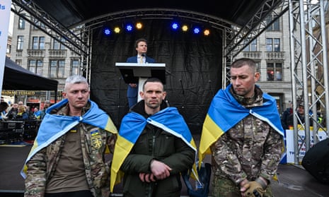 Dutch defence minister Ruben Brekelmans makes a speech reaffirming military aid, including F-16 jets, with diplomats and prominent figures in attendance as people gather for a march and demonstration to mark the third anniversary of the war in Ukraine in Dam Square of Amsterdam, the Netherlands last month.