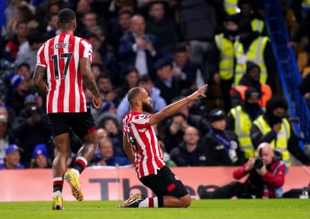 Brentford's Bryan Mbeumo celebrates scoring his side's second goal of the game against Chelsea.