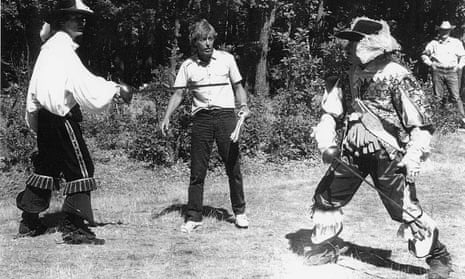 William Hobbs choreographing a sword fight on the set of The Return of the Musketeers, 1989
