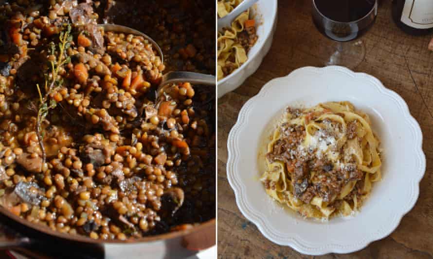 Rachel Roddy tagliatelle with lentils and ragu mushroom: a hearty pasta in a pinch.