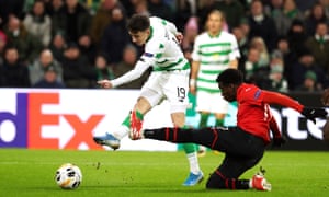 Celtic’s Mikey Johnston scores his side’s third goal of the game.