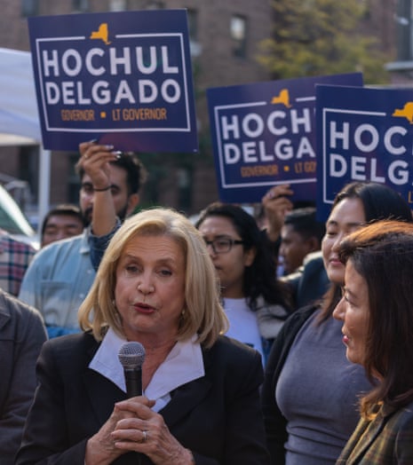 Congresswoman Carolyn Maloney (with mic) joins the New York governor Kathy Hochul at an election rally in the city last month.